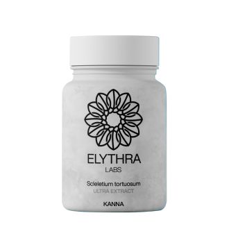 Bílá láhev s doplňkem stravy označená „ELYTHRA LABS – Sceletium tortuosum ULTRA EXTRACT (KANNA)“ s černým květinově-geometrickým logem na přední straně.